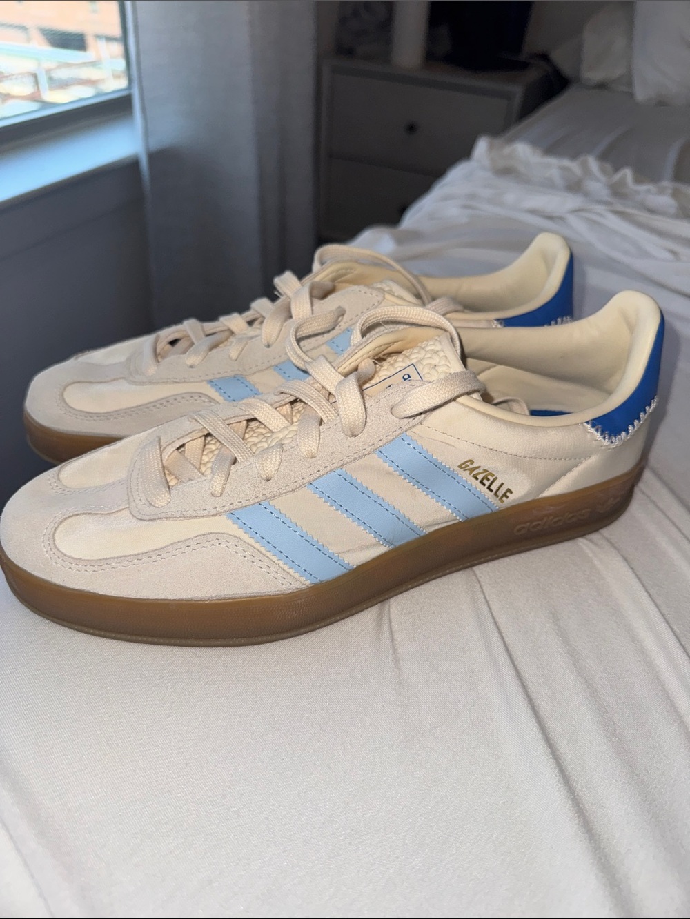 adidas Gazelle Sneakers in Cream & Light Blue with Gum Sole